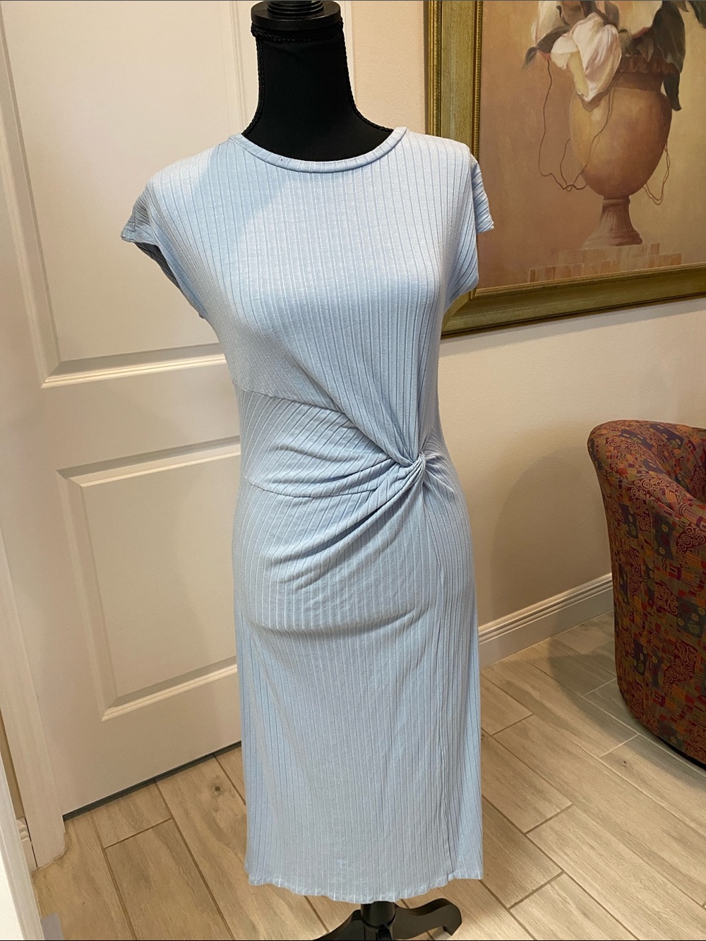 Devotion by Cyrus Light Blue Ribbed Twist-Front Midi Dress